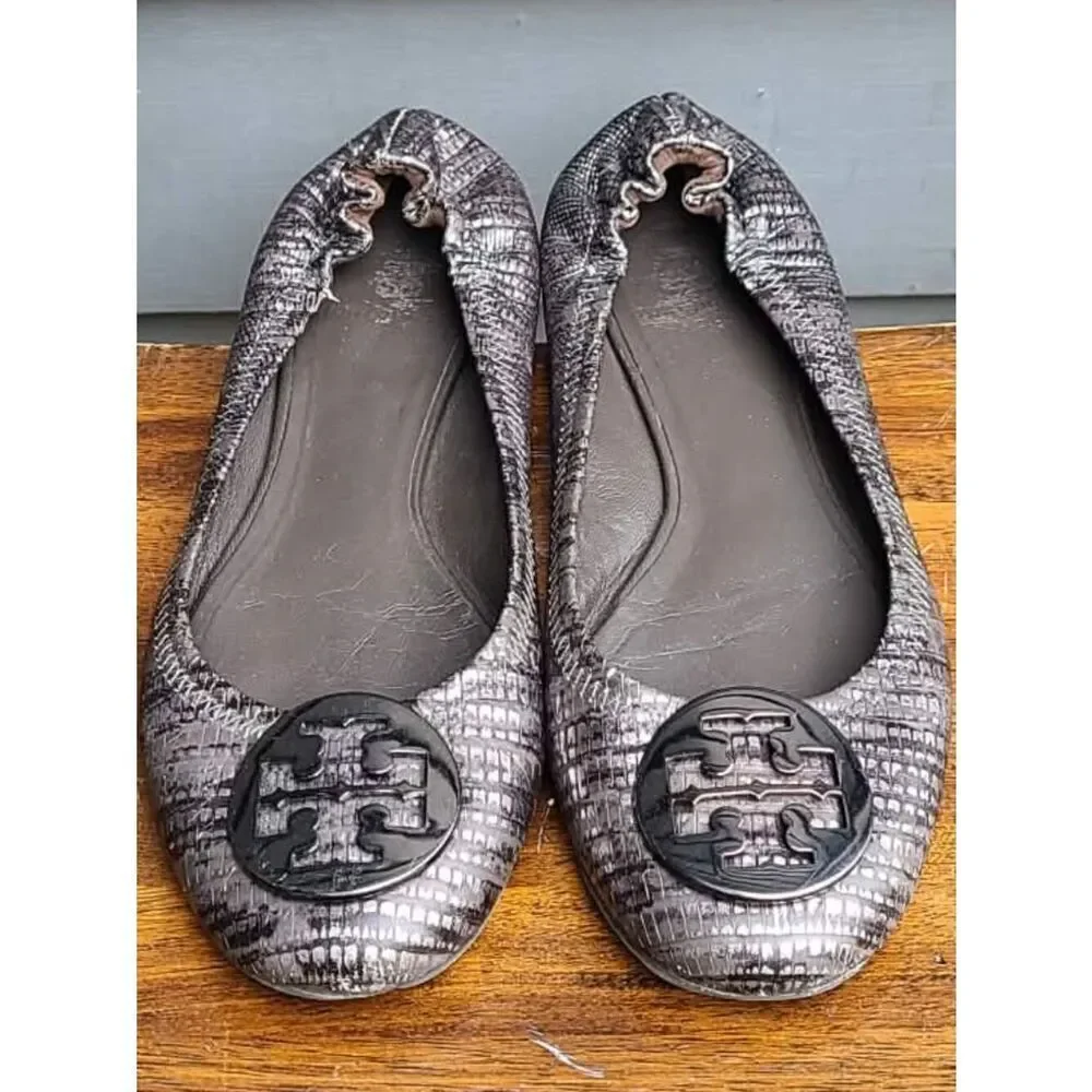 Tory Burch Reva Black Silver Snake Print Leather Ballet Flats size 8M